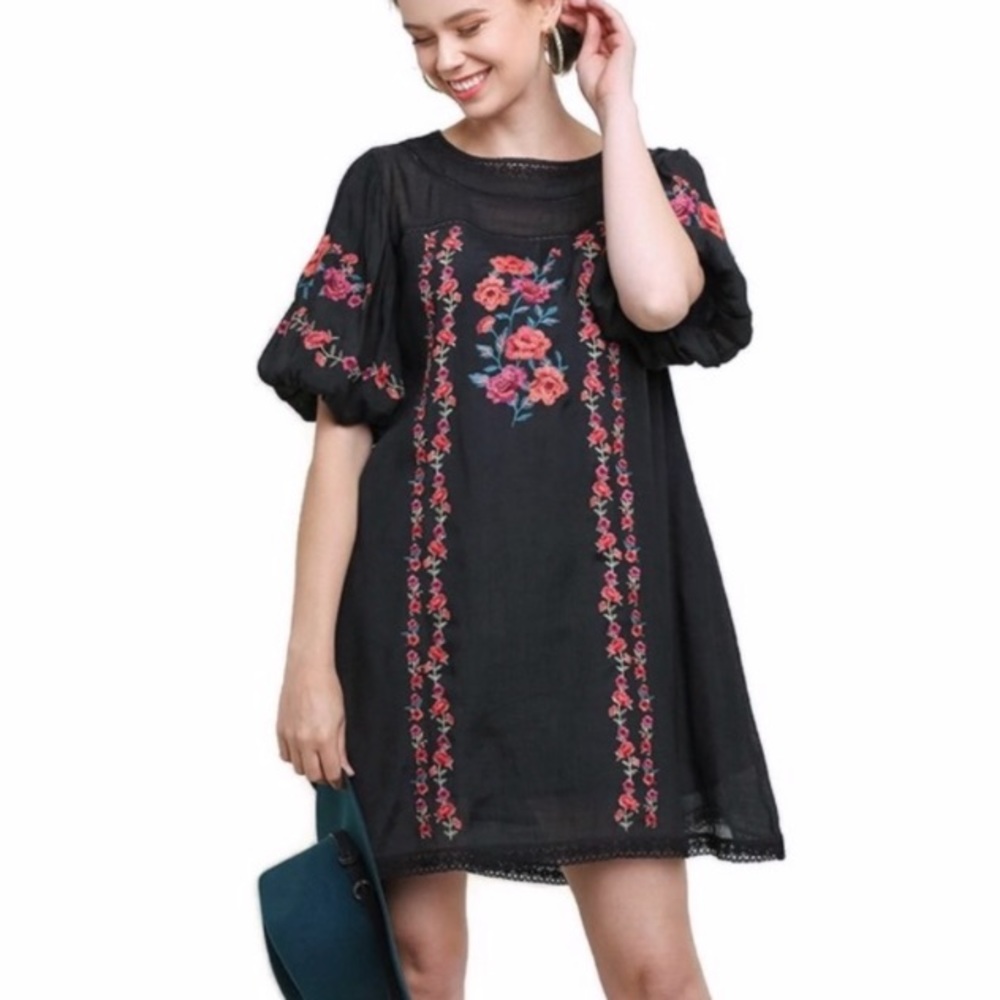 NWT | Umgee Floral Embroidered Puff Sleeve Dress